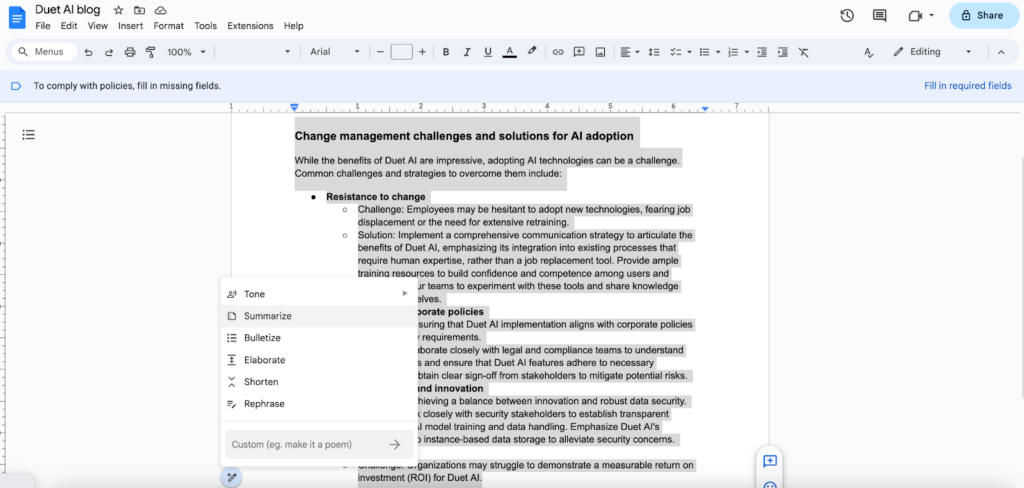 AI adoption tip - Duet AI for Workspace can summarize documents